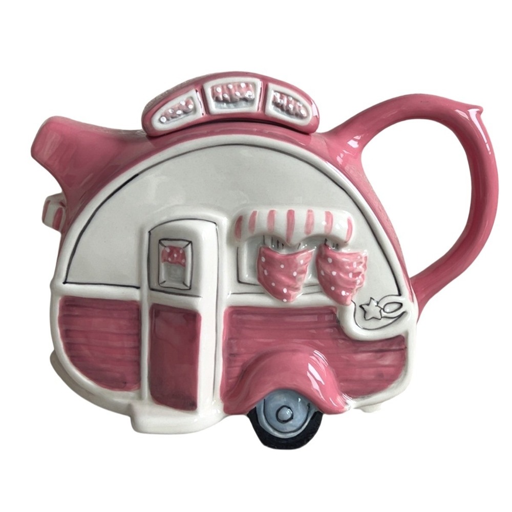Blue Sky Clayworks Ceramic Figural TEAPOT Retro Pink Camper Trailer